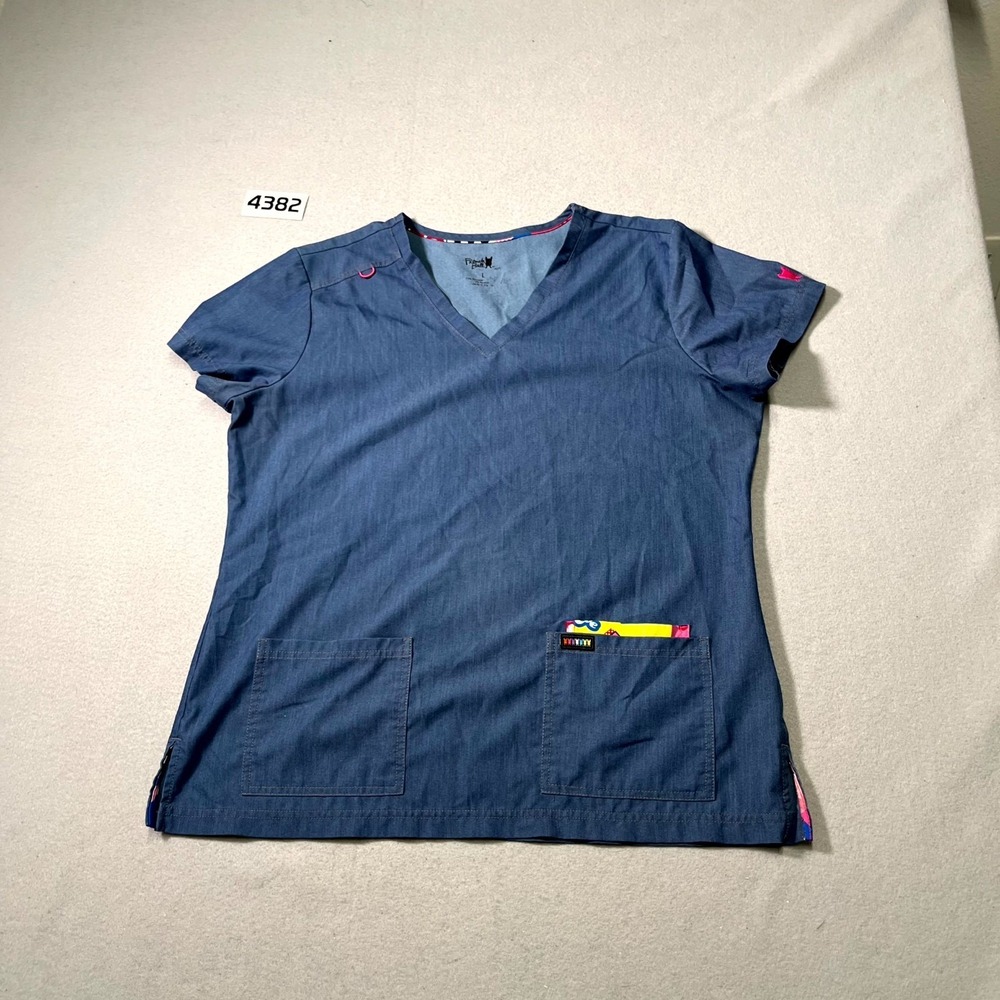 French Bull by Koi Scrub Top Women Large Blue Chambray Stretch Medical Side Slit